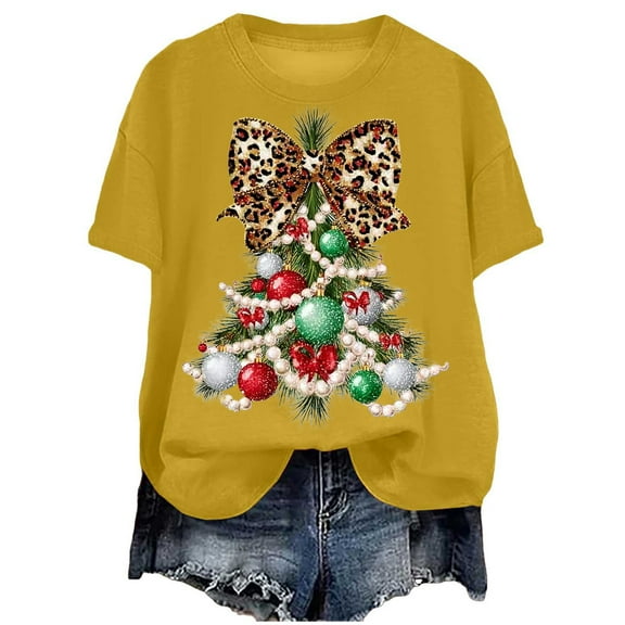 idosla Faux Glitter Green Floral Christmas Tree with Red Dots Bow Shirt for Women Teens and Girls (Yellow, XL)
