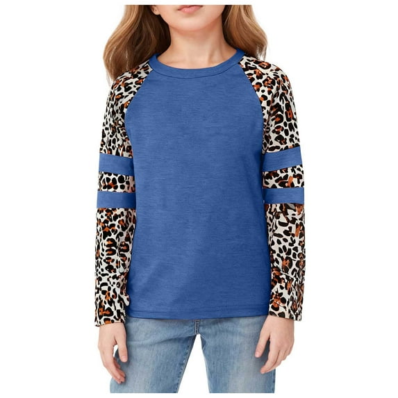 idosla Girl's Athletic Leopard Print Sweatshirt Crew Neck Long Sleeve Tops Fall Clothes (Blue, 7-8 Years)