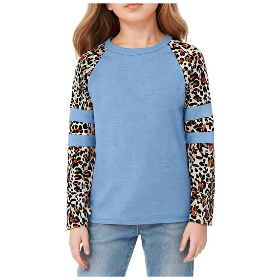 idosla Girl's Athletic Leopard Print Sweatshirt Crew Neck Long Sleeve Tops Fall Clothes (Light Blue, 4-5 Years)