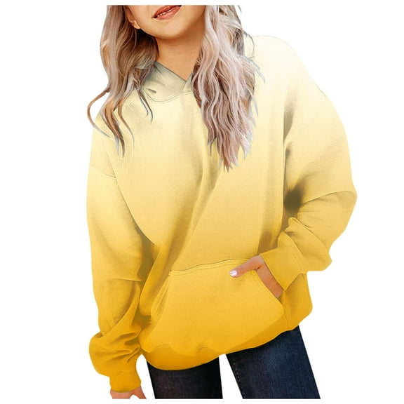 idosla Girls Casual Long Sleeve Hoodies Cute Oversized Fleece Pocket Sweatshirt Tops (Yellow, 9-10 Years）
