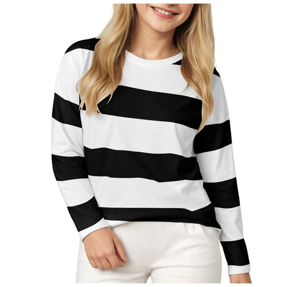 idosla Girls Casual Long Sleeve T Shirts Basic Crewneck Striped Tunic Blouses Tops (Black, 5-6 Years)