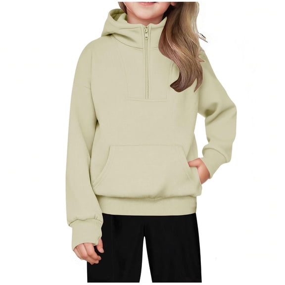 idosla Girls Half Zip Hoodies Fleece Hooded Pullover for Teen Long Sleeve Tops Fall Winter Clothes Thumb Hole (Beige, 13-14 Years)
