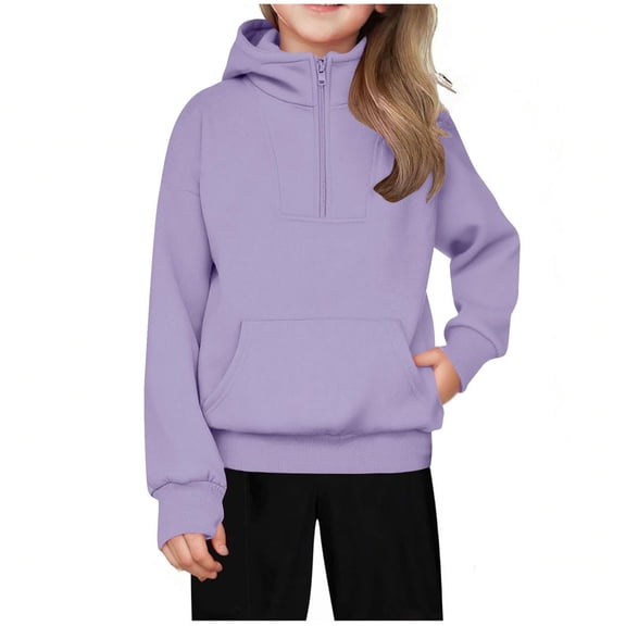 idosla Girls Half Zip Hoodies Fleece Hooded Pullover for Teen Long Sleeve Tops Fall Winter Clothes Thumb Hole (Purple, 9-10 Years)
