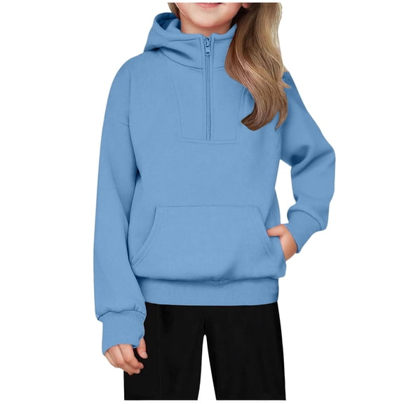 idosla Girls Half Zip Hoodies Fleece Hooded Pullover for Teen Long Sleeve Tops Fall Winter Clothes Thumb Hole (Sky Blue, 9-10 Years)