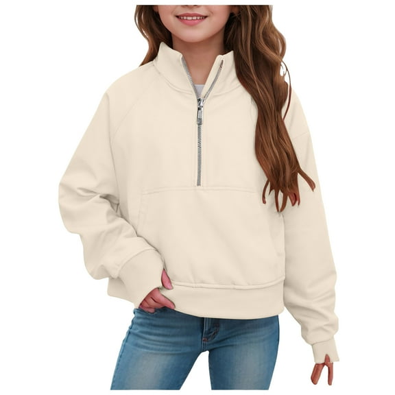 idosla Girls Half Zip up Sweatshirt Trendy Winter Cropped Long Sleeve Shirt Pullover Youth Preppy Tween Girl Cute Clothes (Beige, 9-10 Years)