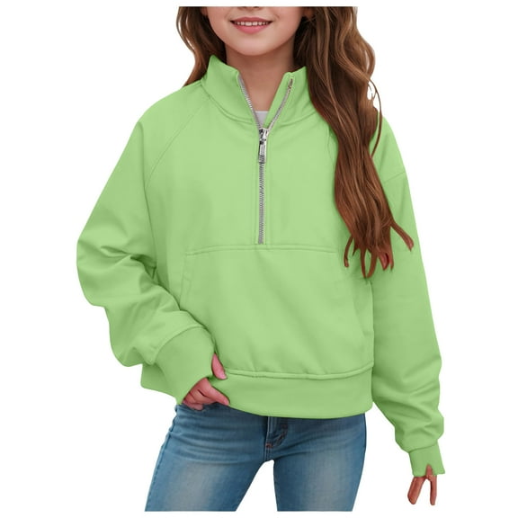 idosla Girls Half Zip up Sweatshirt Trendy Winter Cropped Long Sleeve Shirt Pullover Youth Preppy Tween Girl Cute Clothes (Light Green, 1-2 Years)