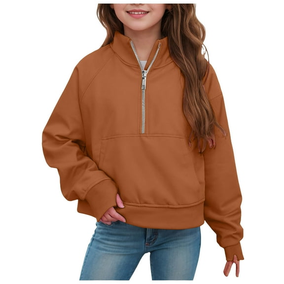 idosla Girls Half Zip up Sweatshirt Trendy Winter Cropped Long Sleeve Shirt Pullover Youth Preppy Tween Girl Cute Clothes (Orange, 9-10 Years)