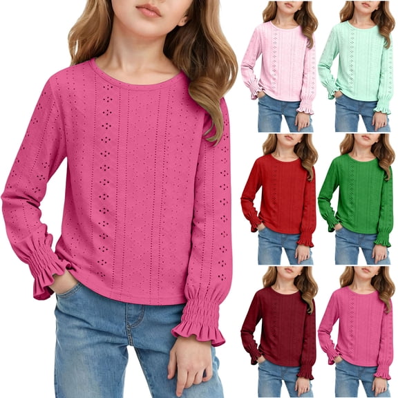 idosla Girls Long Sleeve Eyelet Lace Blouse Casual Crewneck Lightweight Top Soft Shirt for Spring and Fall (Mint Green, 12-14 Years)