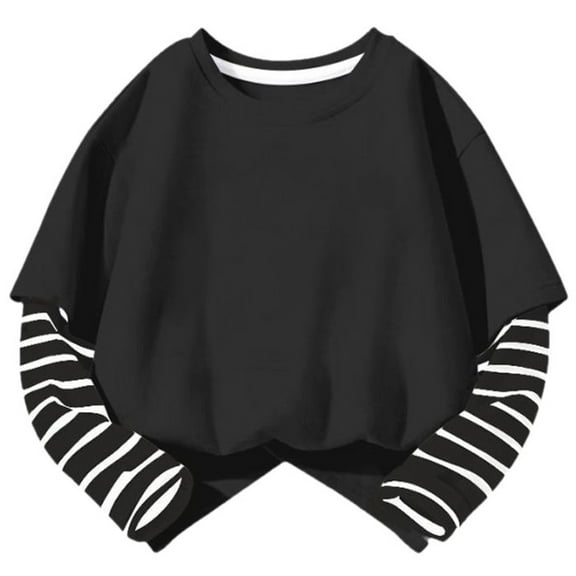 idosla Girls Long Sleeve Shirts Casual Color Block Loose Oversized Tees Blouse Crewneck Pullover Fall Basic Sweatshirts (Black, 7-8 Years)