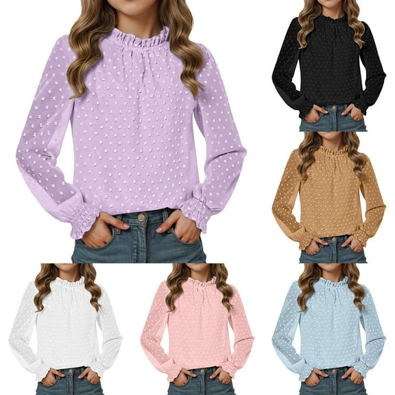 idosla Girls Long Sleeve Shirts Chiffon Blouses Swiss Dot Frill Neck Casual Loose Cute Top Tee (Light Blue, 12-13 Years)