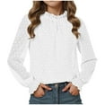 thumbnail image 1 of idosla Girls Long Sleeve Shirts Chiffon Blouses Swiss Dot Frill Neck Casual Loose Cute Top Tee (White, 11-12 Years), 1 of 5
