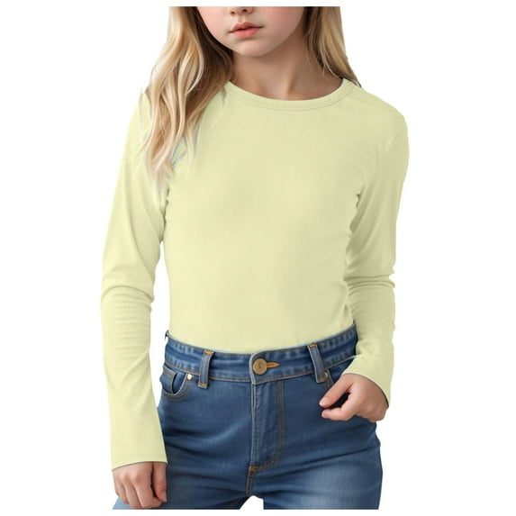 idosla Girls Long Sleeve Shirts Crewneck Ruched Side Slim Fit Tops Ribbed Knit Casual Tee Shirt 4-15 Years (Light Green, 9-10 Years)