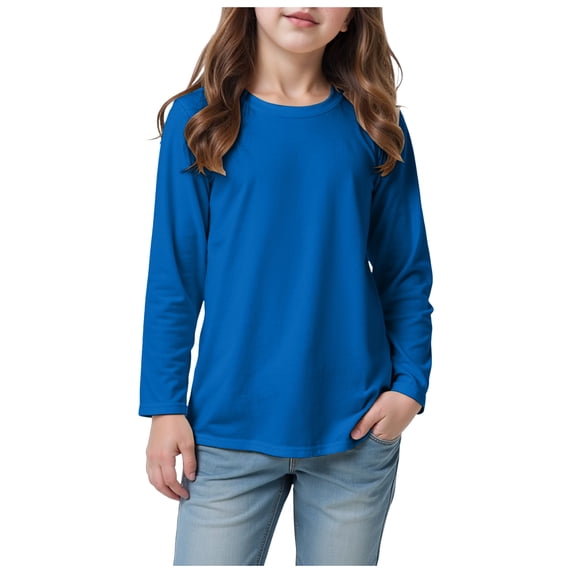 idosla Girls Long Sleeve T Shirts Kids Fall Tops Crewneck Basic Tees (Blue, 7-8 Years)