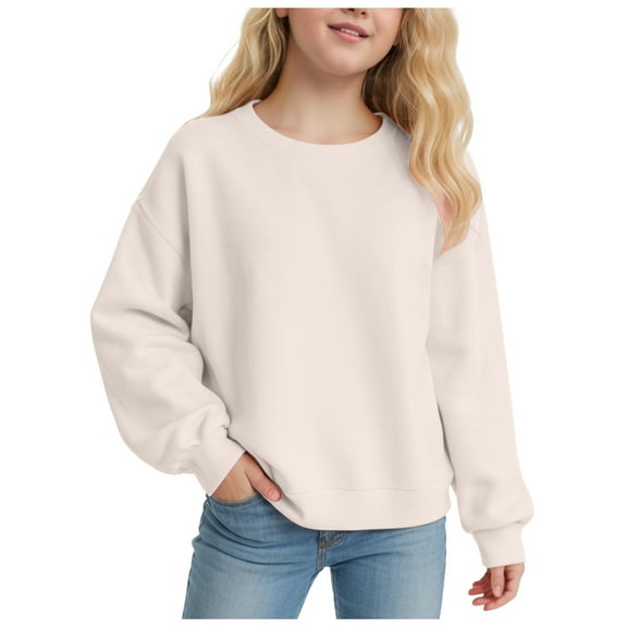 idosla Girls Oversized Crewneck Sweatshirts Kids Fashion Fleece Drop Shoulder Pullover 5-14 Years (Beige, 9-10 Years)
