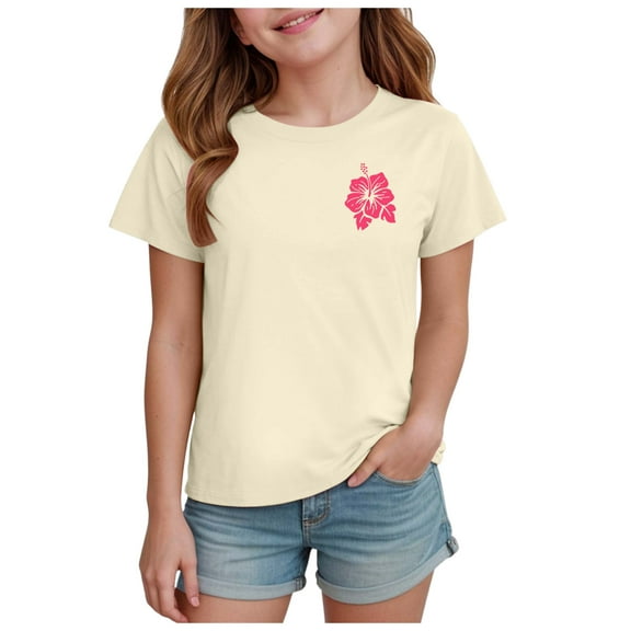 idosla Girls Summer T Shirts Loose Curved Hem Short Sleeve Shirt Athletic Casual Tops Tees (Beige, 140)