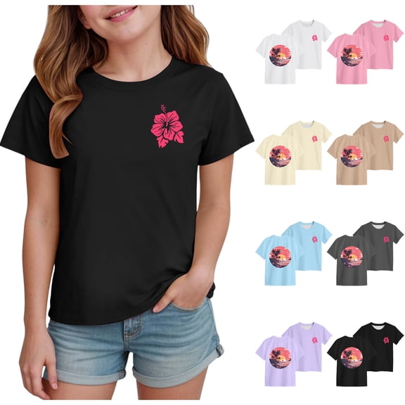 idosla Girls Summer T Shirts Loose Curved Hem Short Sleeve Shirt Athletic Casual Tops Tees (Dark Gray, 140)