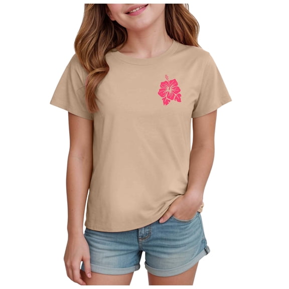 idosla Girls Summer T Shirts Loose Curved Hem Short Sleeve Shirt Athletic Casual Tops Tees (Khaki, 140)
