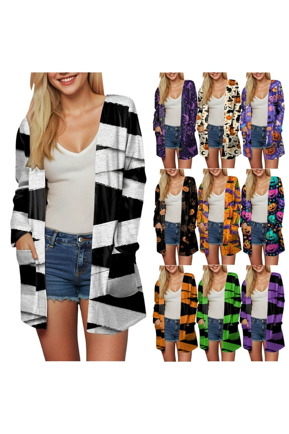 Halloween for Women Adult 2025 Halloween Cardigan Pumpkin Bat Print Long Sleeve Open Front Sweater Cardigans (Beige, L)