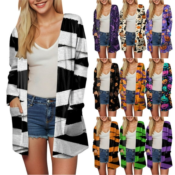 idosla Halloween for Women Adult 2025 Halloween Cardigan Pumpkin Bat Print Long Sleeve Open Front Sweater Cardigans (Hot Pink, XXL)