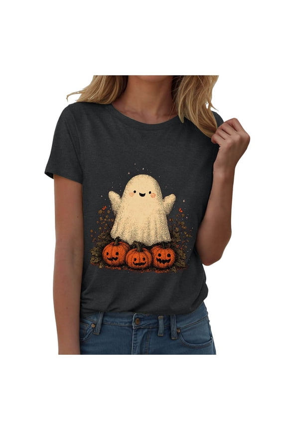 Halloween Shirts for Women Cute Ghost Graphic Tees Fall Crewneck Short Sleeve Costumes Autumn Party Graphic T-Shirt (Grey, XXL)