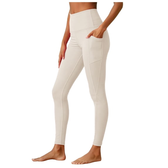 idosla High Waisted Leggings with Pockets Women, Full Length Capri Buttery Soft Stretchy Yoga Pants (Beige, M)