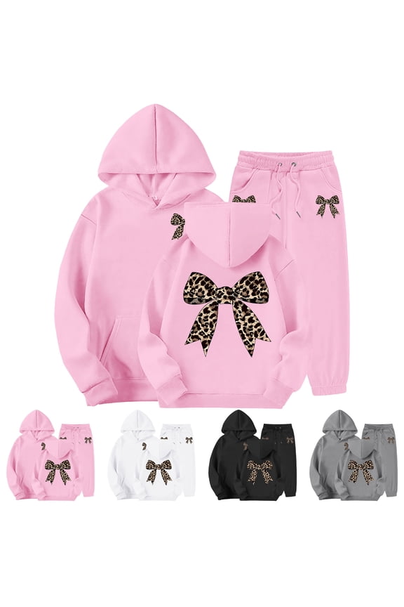 Hoodies for Teen Girls Fall Sets 2 Piece Outfits Sweatshirts Trendy Preppy Cheetah Print Bow Hoodie (White, 12-13 Years)