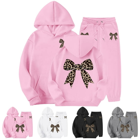 idosla Hoodies for Teen Girls Fall Sets 2 Piece Outfits Sweatshirts Trendy Preppy Cheetah Print Bow Hoodie (White, 12-13 Years)