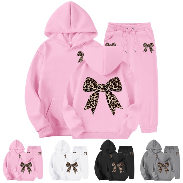 idosla Hoodies for Teen Girls Fall Sets 2 Piece Outfits Sweatshirts Trendy Preppy Cheetah Print Bow Hoodie (White, 12-13 Years)