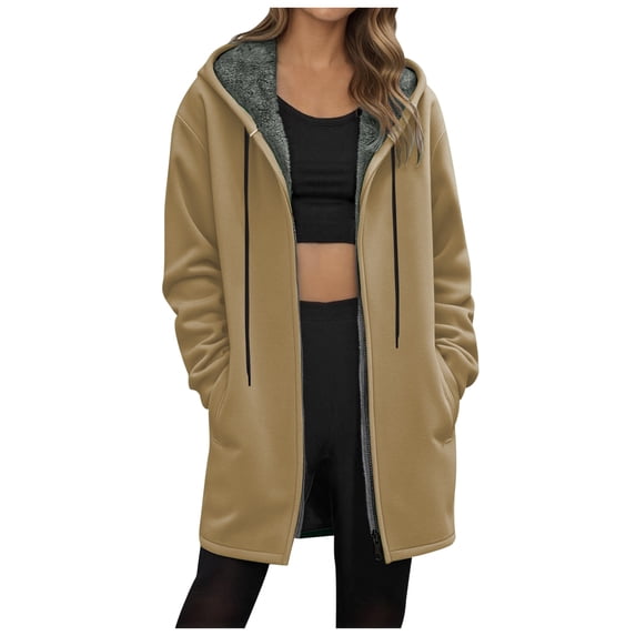 idosla Hoodies for Women Long Hoodies for Women Zip Up Oversize Hooded 2025 Fall Coat Long Sweatshirt Fleece Jacket with Pockets (Khaki, S)