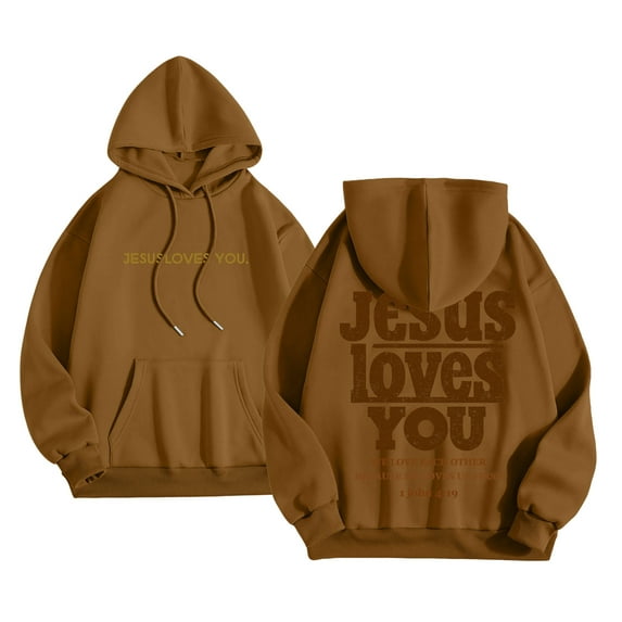 idosla Jesus Loves You Hoodie Christian Faith Religious God Tops Man Woman Pullover Sweatshirt Longsleeve (Brown, L)