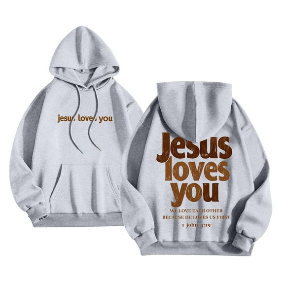 idosla Jesus Loves You Hoodie Christian Faith Religious God Tops Man Woman Pullover Sweatshirt Longsleeve (Light Gray, XL)