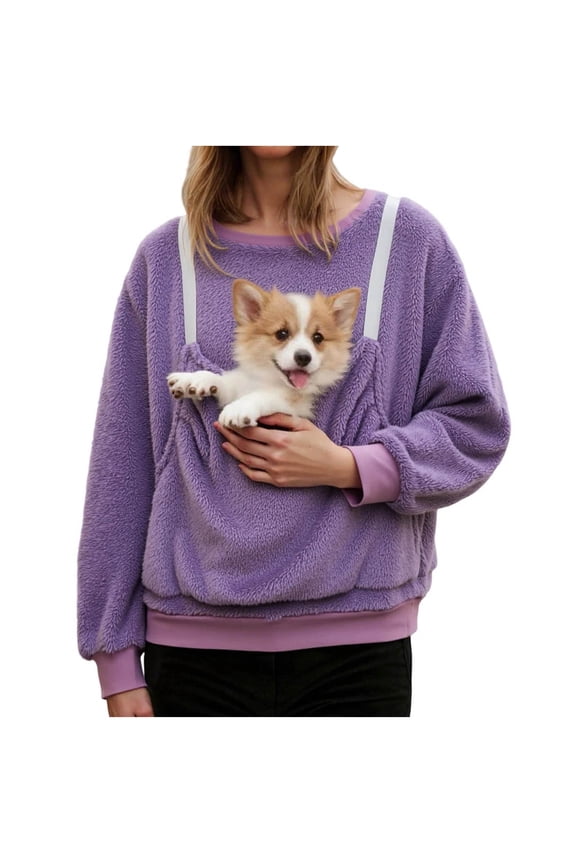 Kangaroo Pouch Hoodie for Women Comfort Cat Dog Pouch Sweatshirts Pet Carrier Pullover Animal Holder Long Sleeve Tops (Purple, S)