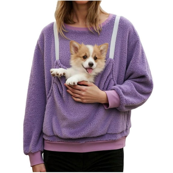 idosla Kangaroo Pouch Hoodie for Women Comfort Cat Dog Pouch Sweatshirts Pet Carrier Pullover Animal Holder Long Sleeve Tops (Purple, S)