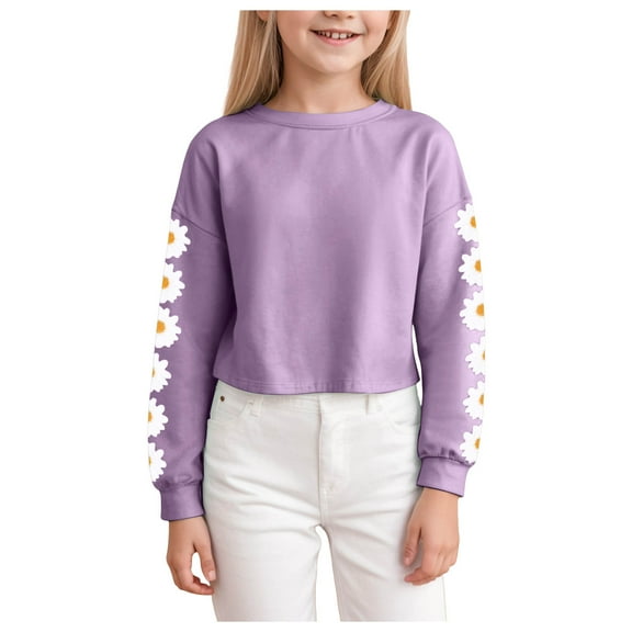 idosla Kids Crop Tops Girls Long Sleeve Tee Shirts Cute Daisy Pinted Fashion Sweatshirt Pullover Top (Purple, 10-11 Years)