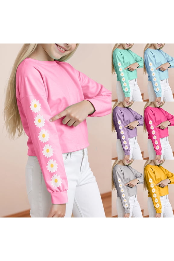 Kids Crop Tops Girls Long Sleeve Tee Shirts Cute Daisy Pinted Fashion Sweatshirt Pullover Top (Purple, 6-7 Years)