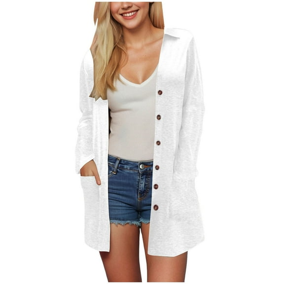 idosla Cardigan Sweaters for Women Trendy Fall 2025 Long Sleeve Button Down Oversized Knit Sweater Outerwear (White, L)