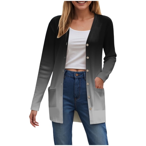 idosla Long Cardigans for Women Open Front Lightweight Tie Dye Trendy Cardigans Long Sleeve Button Up Cardigan with Pocket (Black, L)