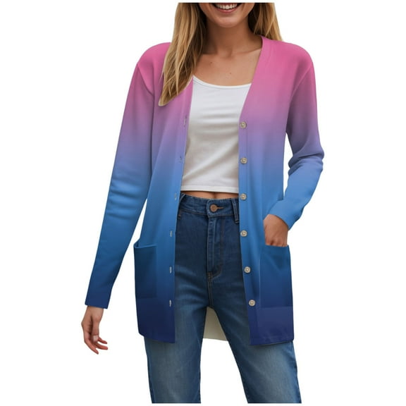 idosla Long Cardigans for Women Open Front Lightweight Tie Dye Trendy Cardigans Long Sleeve Button Up Cardigan with Pocket (Blue, XL)