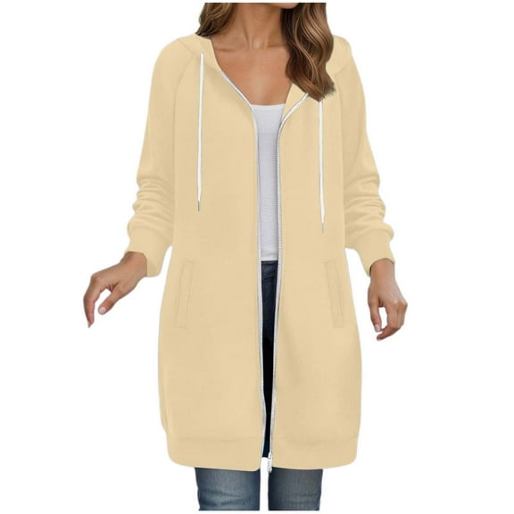 idosla Long Hoodies for Women Full Zip Up Pullover Tunic Sweatshirts with Pockets Trendy Fall Winter Clothes Y2K (Beige, S)