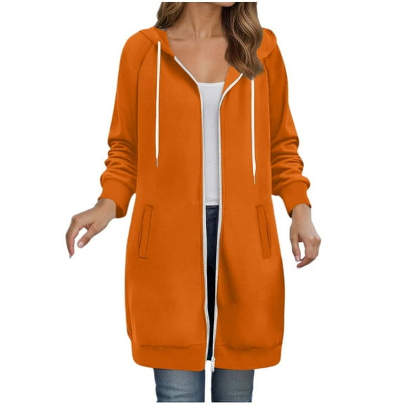 idosla Long Hoodies for Women Full Zip Up Pullover Tunic Sweatshirts with Pockets Trendy Fall Winter Clothes Y2K (Orange, XXL)