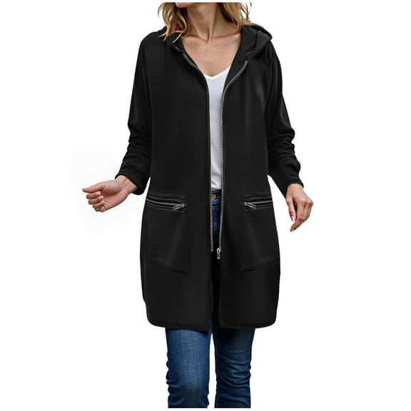idosla Long Hoodies for Women Zip Up Double Zipper Fleece Jacket Tunic Sweatshirts Fall Winter Fashion Clothes 2025 (Black, M)