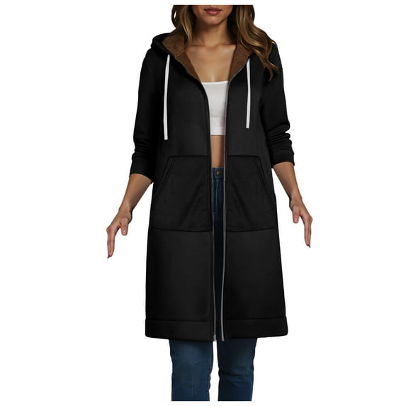 idosla Long Hoodies for Women Zip Up Double Zipper Fleece Jacket Tunic Sweatshirts Fall Winter Fashion Clothes (Black, L)