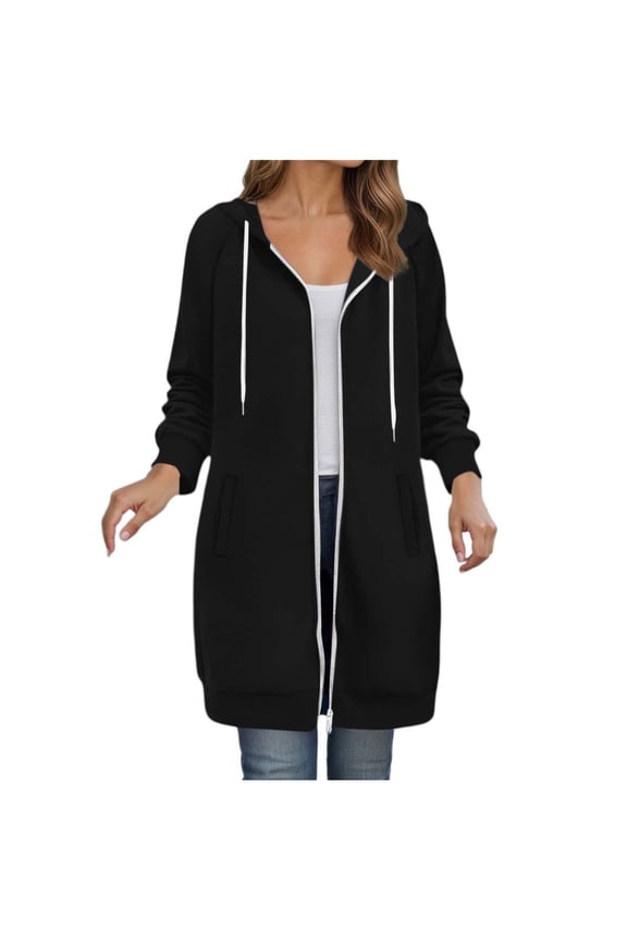 Long Hoodies for Women Zip Up Double Zipper Fleece Jacket Tunic Sweatshirts Fall Winter Fashion Clothes (Black, XXL)