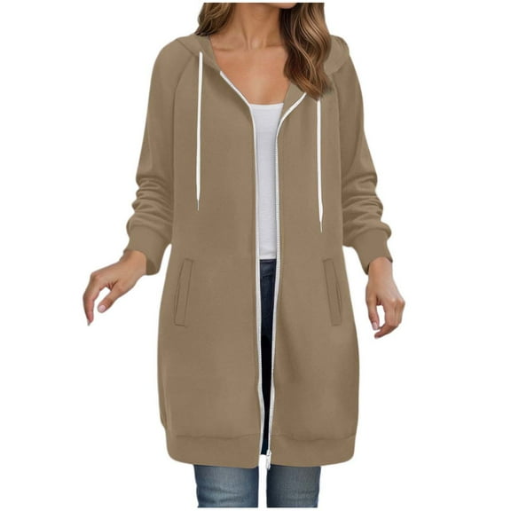 idosla Long Hoodies for Women Zip Up Double Zipper Fleece Jacket Tunic Sweatshirts Fall Winter Fashion Clothes (Khaki, XL)