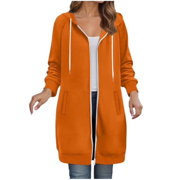 idosla Long Hoodies for Women Zip Up Double Zipper Fleece Jacket Tunic Sweatshirts Fall Winter Fashion Clothes (Orange, XL)