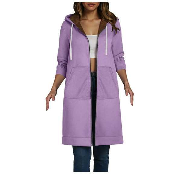 idosla Long Hoodies for Women Zip Up Double Zipper Fleece Jacket Tunic Sweatshirts Fall Winter Fashion Clothes (Purple, XL)