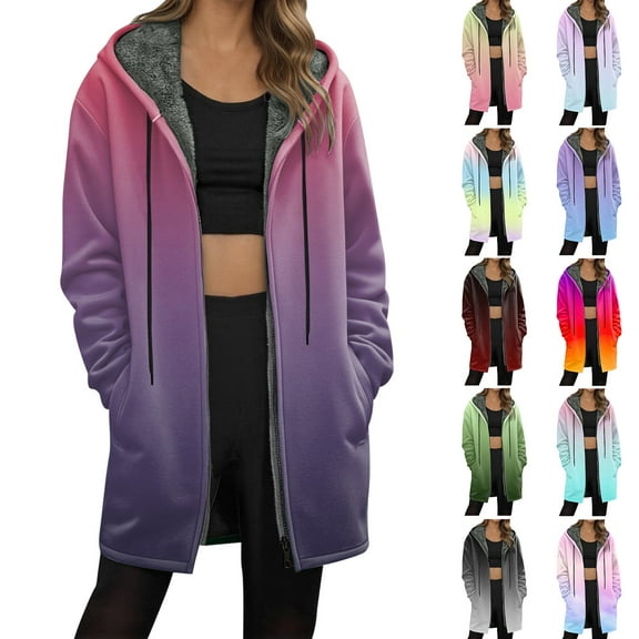 idosla Long Hoodies for Women Zip Up Gradient Color Fleece Jacket Tunic Sweatshirts Fall Winter Fashion Clothes 2025 (Red, XL)