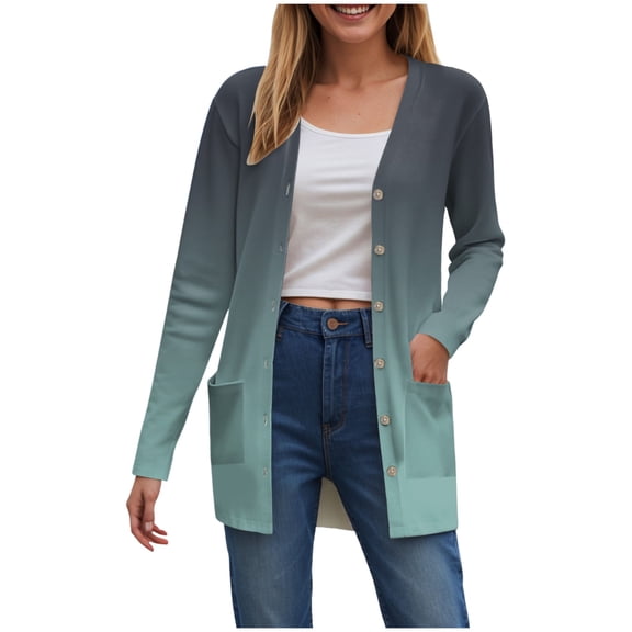 idosla Long Sleeve Cardigan for Women Casual Gradation Pockets Button Down Loose Fall Lightweight Hiking Trendy Jacket (Mint Green, S)