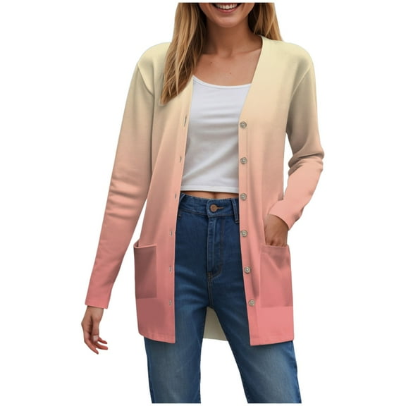 idosla Long Sleeve Cardigan for Women Casual Gradation Pockets Button Down Loose Fall Lightweight Hiking Trendy Jacket (Pink, S)