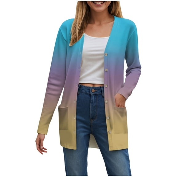 idosla Long Sleeve Cardigan for Women Casual Gradation Pockets Button Down Loose Fall Lightweight Hiking Trendy Jacket (Sky Blue, S)